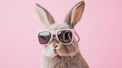 Fototapeta premium Funny cute rabbit, easter bunny wearing trendy sunglasses. Pastel pink background. Beautiful design for easter greeting card, invitation card. Copy space available. Easter theme.