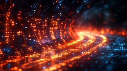Fototapeta premium futuristic digital tunnel or data stream represented by glowing binary code (0s and 1s) in blue and orange against a dark background