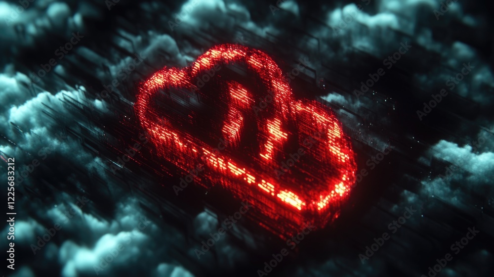 Poster cloud computing icon with download and upload symbols represented in a striking neon style on a clou