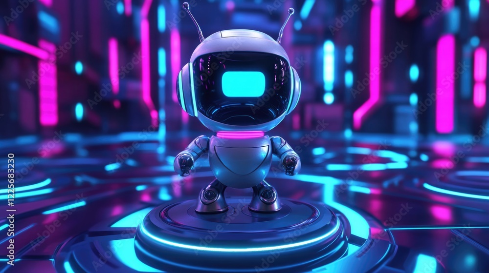 Aufkleber futuristic chatbot robot in neon-lit digital environment representing ai technology for online custo