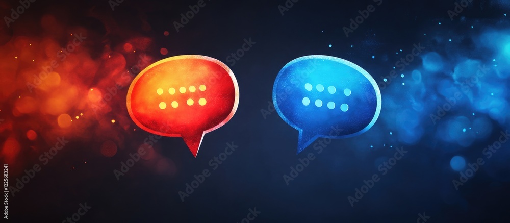 Poster colorful speech bubbles in red and blue symbolizing chat and messaging concepts with empty space for