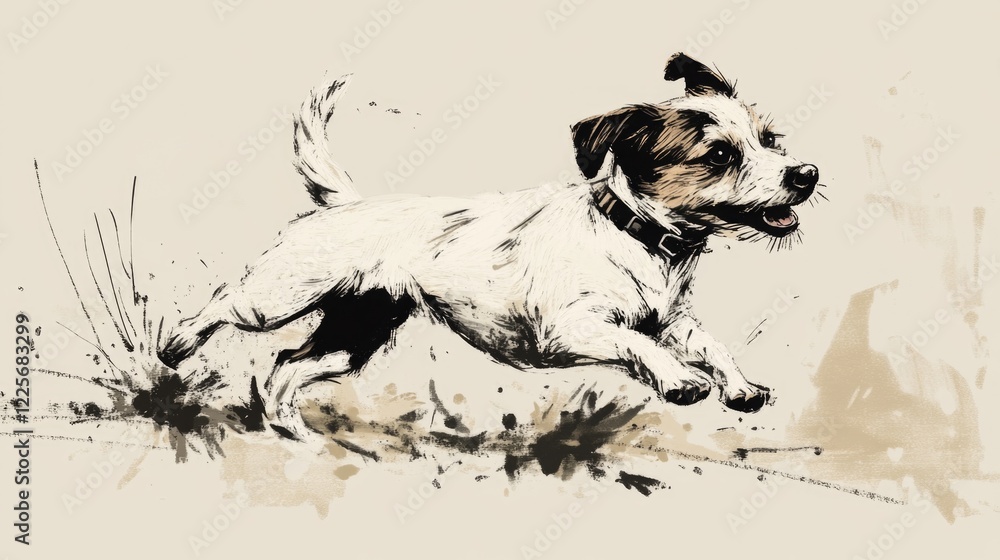 Poster playful jack russell terrier running in dynamic art style with splashes of paint in background