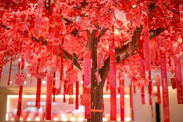 Wish tree , decorated with wishes written on red ribbons, Chinese New Year , decor  