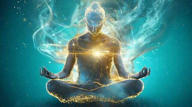 Golden figure meditating, teal background, glowing light, particle effect, peaceful, serene, spiritual, abstract, contemplative, energy, yoga, mindfulness