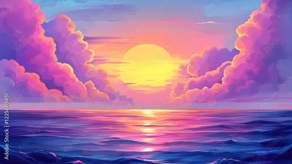 Poster colorful sunset over calm sea with vibrant clouds creating serene atmosphere and ample empty space f