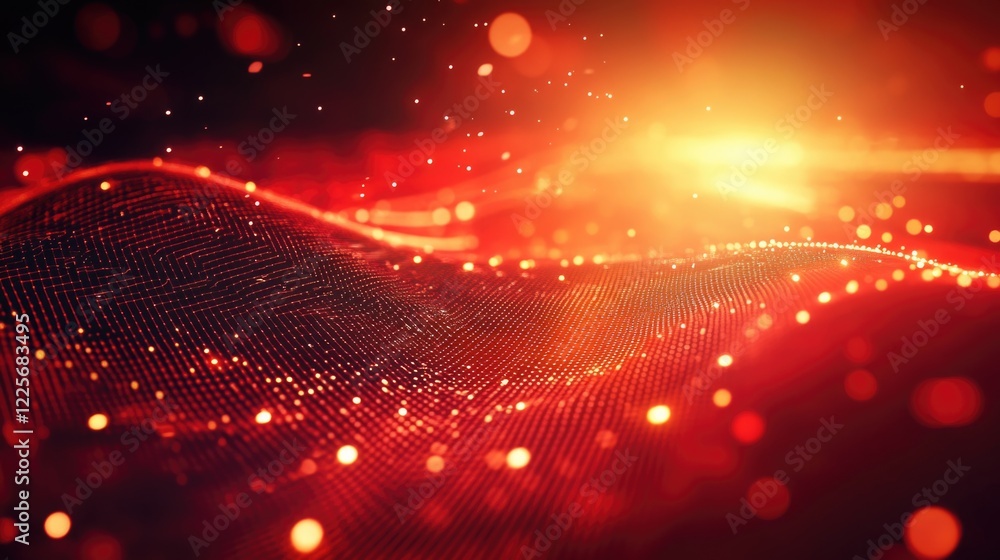 Poster vibrant red glowing abstract background with luminous lines and particles in a dark cyberspace setti