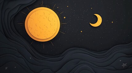 Sun and moon in sky illustration representing night and day with abstract waves and empty space for text in contrasting colors