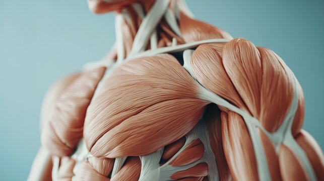 Detailed view of human muscular system with skin texture showcasing healthy organ anatomy in a realistic representation.