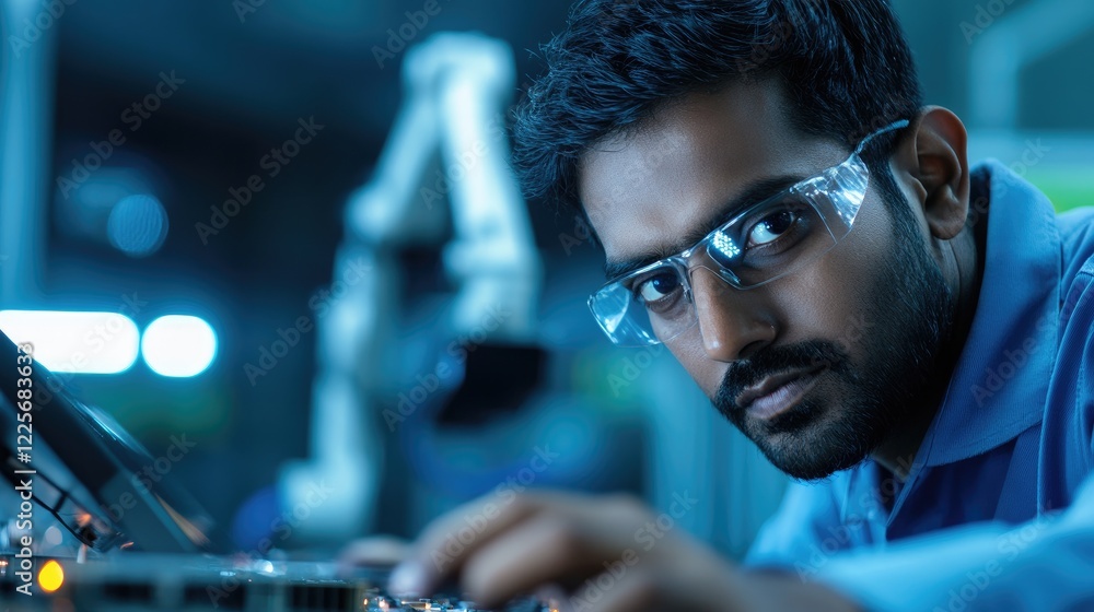Poster focused engineer works on tech in a factory