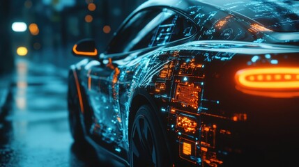 Futuristic intelligent vehicle with graphical user interface and connected technology illuminated in a night city setting.