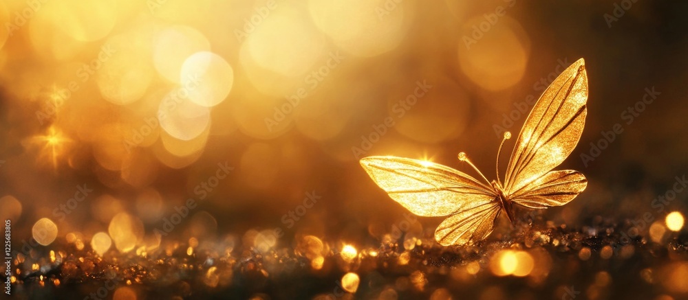 Poster golden butterfly on a sparkling bokeh background with ample copy space for text ideal for creative d