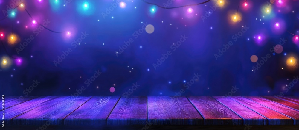 Poster festive colorful lights on dark background with wooden table and empty space for text or design elem