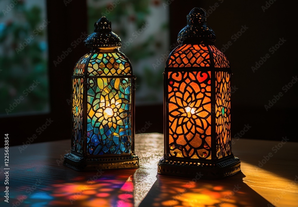 Poster vibrant lanterns casting colorful light patterns on table in cozy indoor setting with unique design 