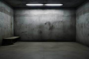 The concrete room serves as a bomb shelter, with stark walls and minimal lighting, an atmosphere of privacy and security. The design demonstrates the essence of protection in uncertain times.