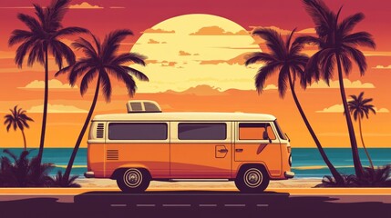 Retro surf van against a vibrant sunset at the beach with palm trees and empty space for summer vibes and text overlay