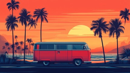 Retro surf van at sunset beach with palm trees perfect for summer vibes and travel themes featuring ample copyspace for text.