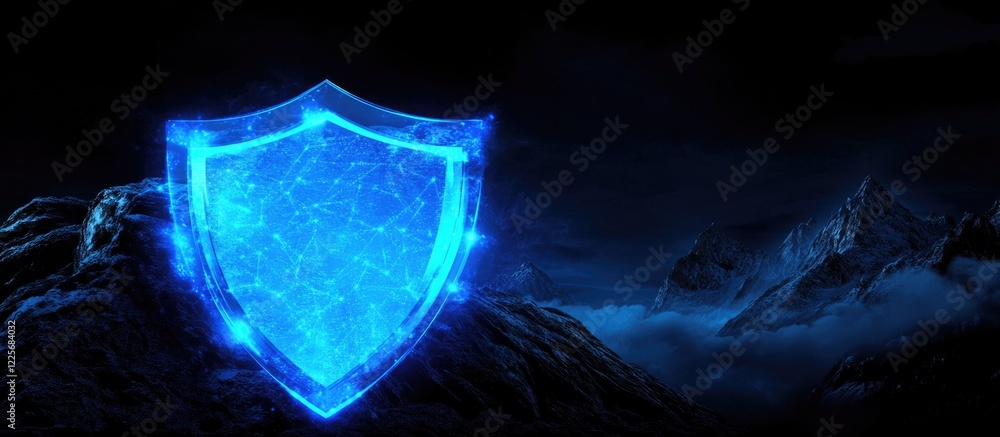 Poster glowing blue shield symbolizing digital network security with space for text on cloud data protectio