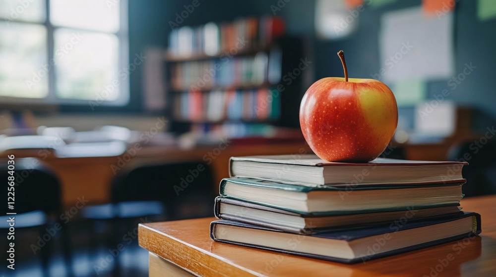 Poster apple resting on books in a library symbolizes the quest for knowledge