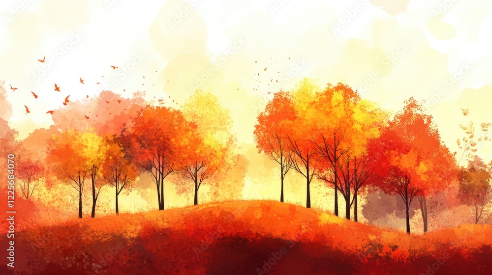 Poster vibrant autumn trees with artistic layers in warm colors featuring empty copy space for text or desi