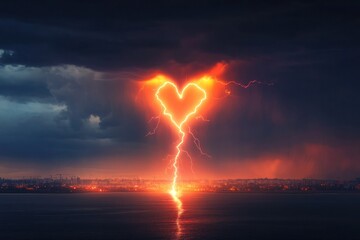 A dramatic thunderstorm with a heart-shaped burst of lightning striking the ground, lighting up the darkened sky and the horizon.