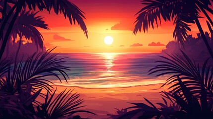 Obraz premium Tropical beach at sunset with vibrant colors and empty space for text ideal for travel promotions and serene backgrounds