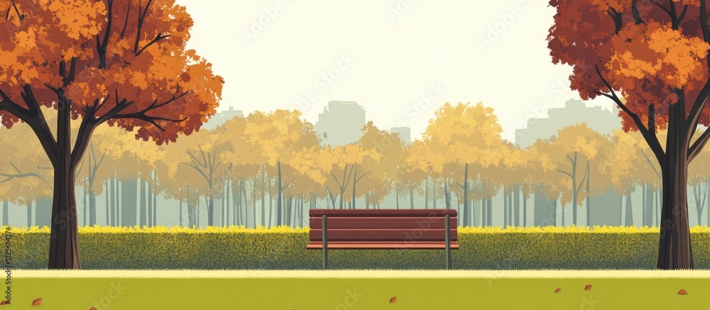 Poster park bench in autumn setting surrounded by colorful trees with spacious background ideal for adding 
