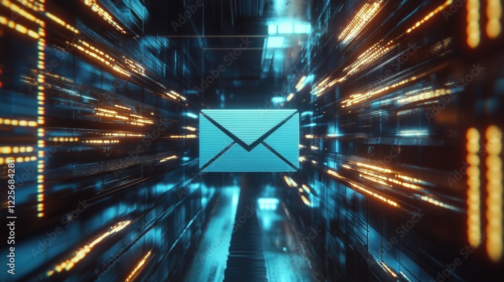 Poster digital email communication concept with glowing inbox amidst vibrant data streams representing mode