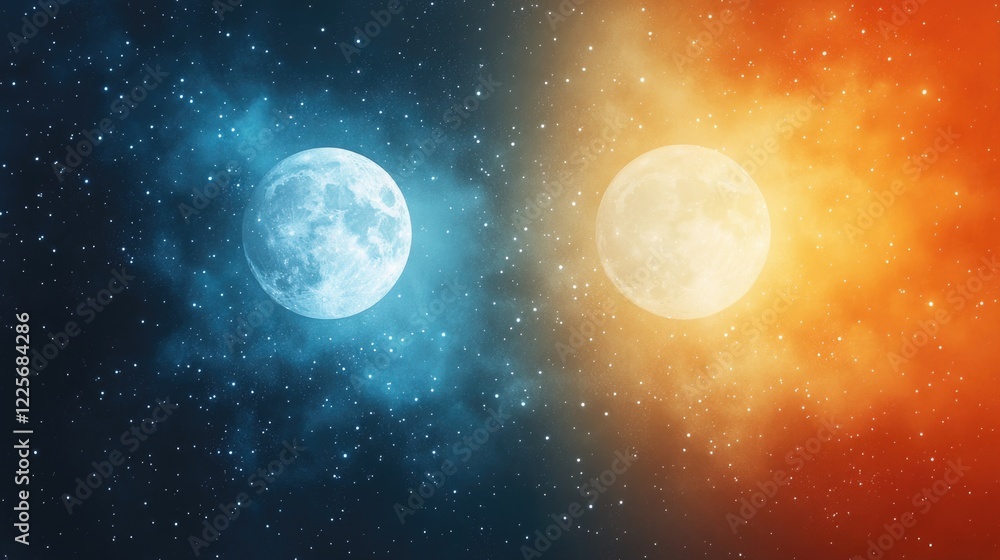 Poster conceptual illustration of sun and moon representing day and night with cosmic background and empty 