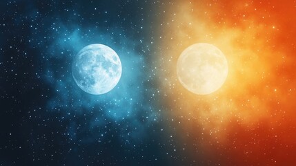 Conceptual illustration of sun and moon representing day and night with cosmic background and empty space for text or design elements.