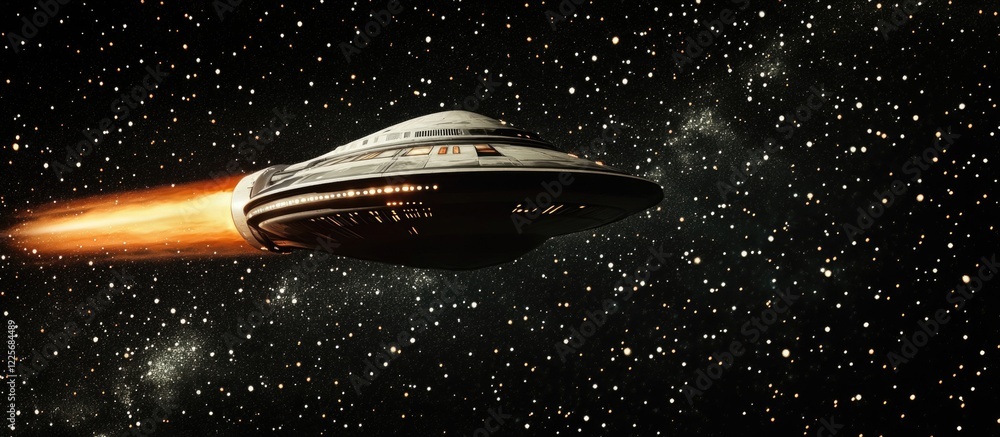 Poster futuristic spaceship taking off in deep space with vibrant trail and starry backdrop ideal for text 