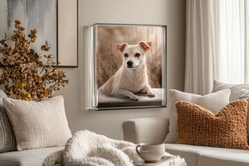 A custom pet portrait on a sleek glass plaque, placed in a living room setting with neutral tones and cozy decor.