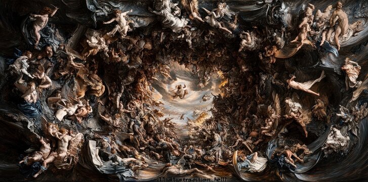 A chaotic swirling scene of angels and fallen figures