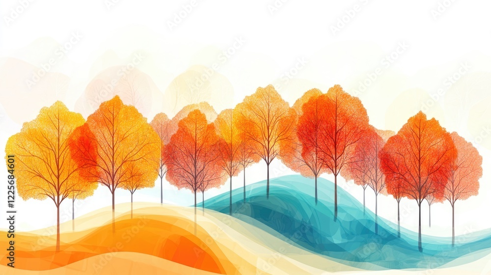 Poster vibrant autumn trees with artistic layers and captivating colors against a soft background for text 
