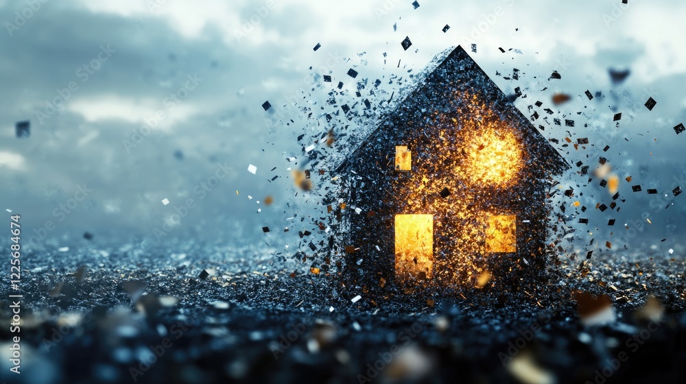 Poster conceptual image of home disintegration with glowing windows and abstract particles on dark backgrou