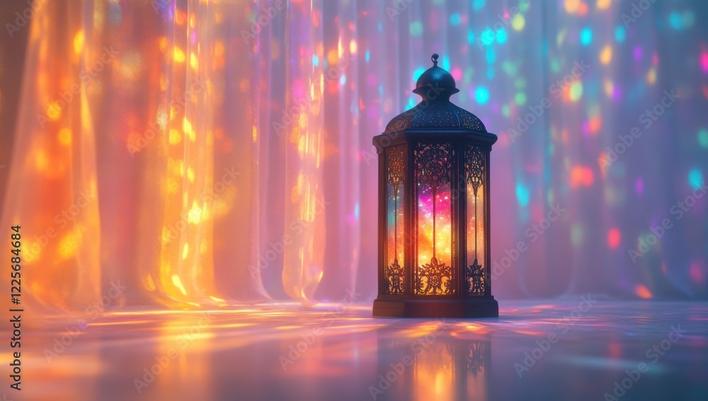 Poster vintage lantern casting colorful reflections on a smooth surface with enchanting light patterns in a