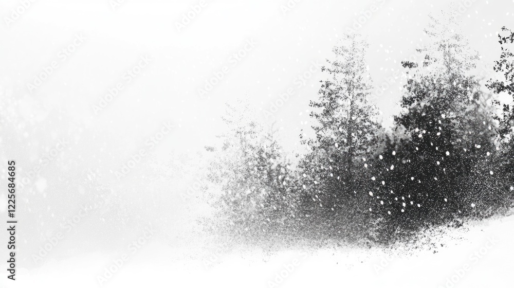 Poster serene winter landscape featuring snow-covered trees and falling snow in a tranquil forest scene wit