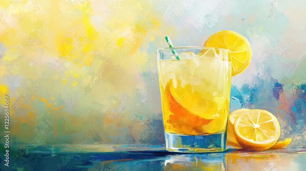 Poster refreshing glass of lemonade with lemon slices against a colorful abstract background conveying summ