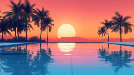 Serene Sunset Reflections at a Swimming Pool Surrounded by Palm Trees with Clear Copy Space for Text or Branding