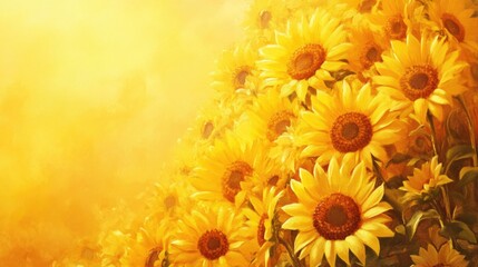 Obraz premium Vibrant oil painting of sunflowers with warm tones and ample empty space for adding text or messages in design projects.
