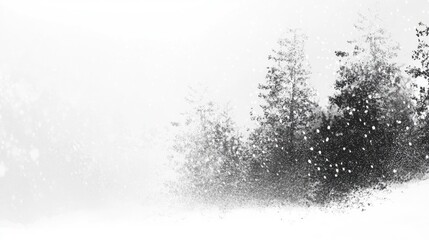 Serene winter landscape featuring snow-covered trees and falling snow in a tranquil forest scene with ample empty space for text insertion