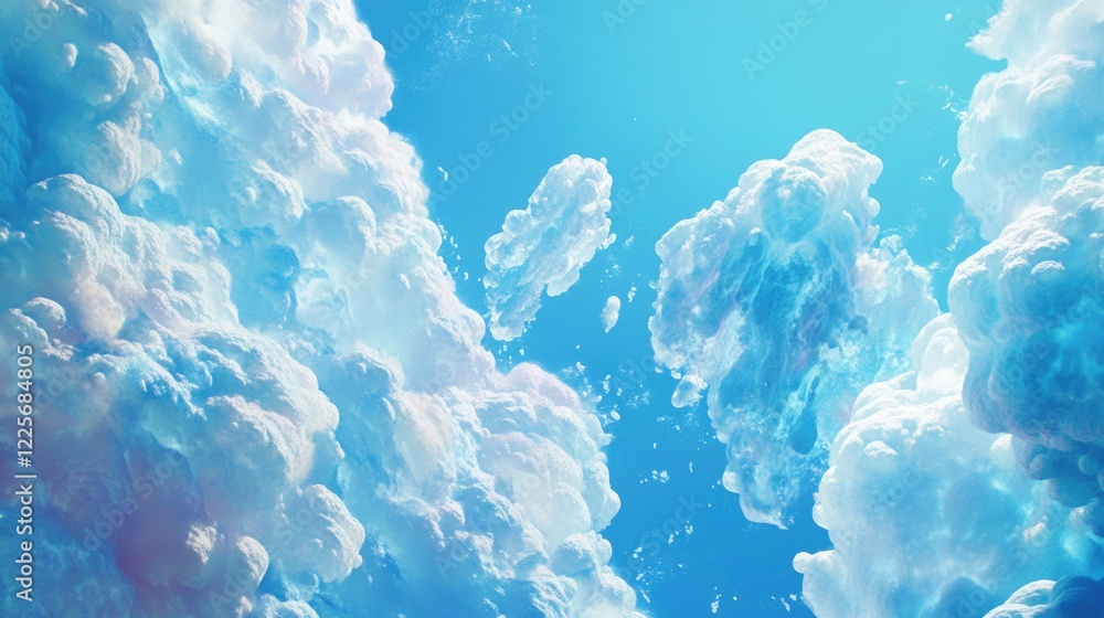 Poster fluffy white clouds floating in a bright blue sky creating a serene and tranquil atmosphere.