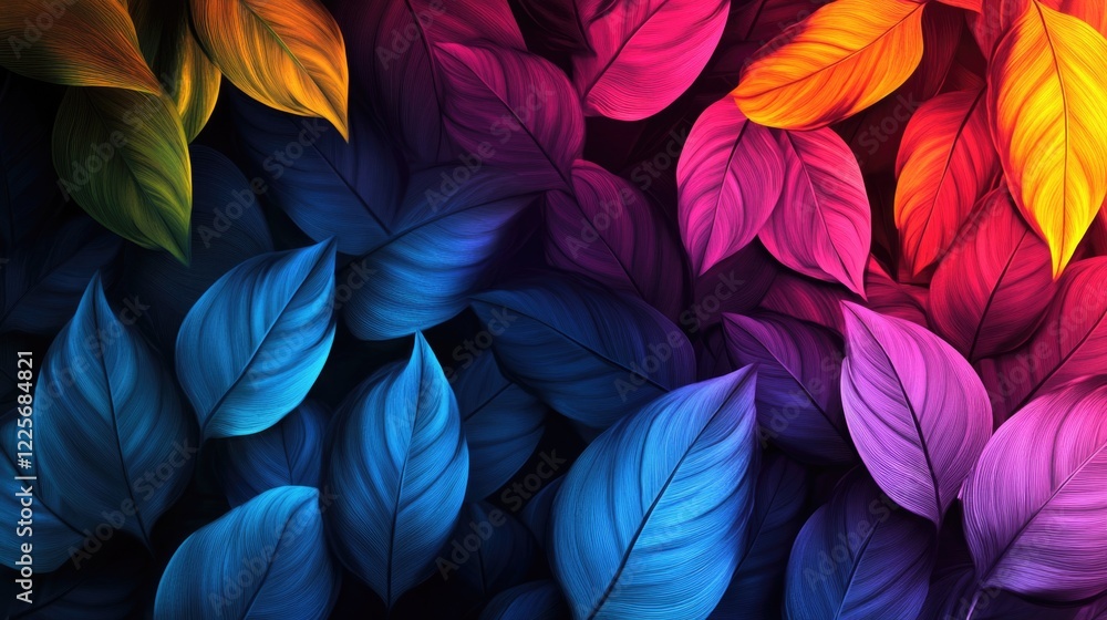Poster colorful leaf patterns in rgb tones with space for text overlay in a nature-themed design
