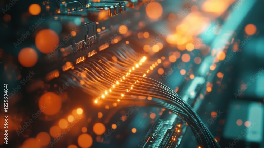 Poster closeup of intricate fiber optic cables weaving through a server rack their glowing ends signifying 
