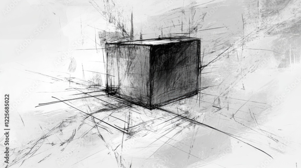 Poster creative concept of thinking outside the box abstract sketch with geometric elements in monochrome c