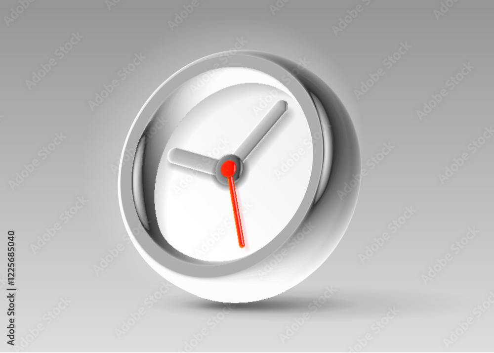 Poster clock icon in 3d vector style, with glass glow effect and red arrow. gray time on light background. 