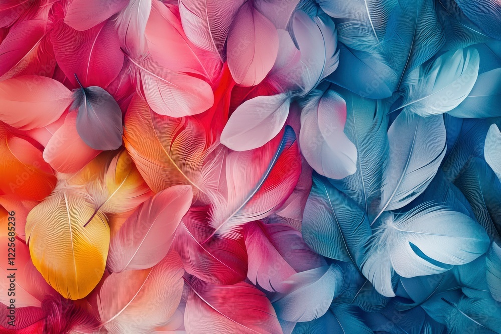Poster colorful bird feathers arranged in gradient pattern