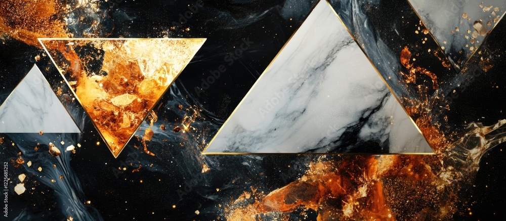 Poster abstract cosmic background featuring golden paint and glass quartz triangles against a marble frame 