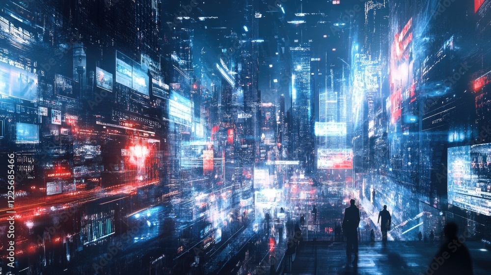 Poster ecommerce digital landscape showcasing online shopping technology with futuristic city backdrop and 