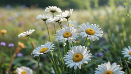 Obraz premium Close-up of daisies blooming in a colorful meadow under sunlight