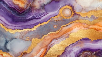 Fototapeta premium Abstract Marble and Gold Agate Watercolor Background in Rich Purple and Orange Tones for Elegant Design and Branding Elements